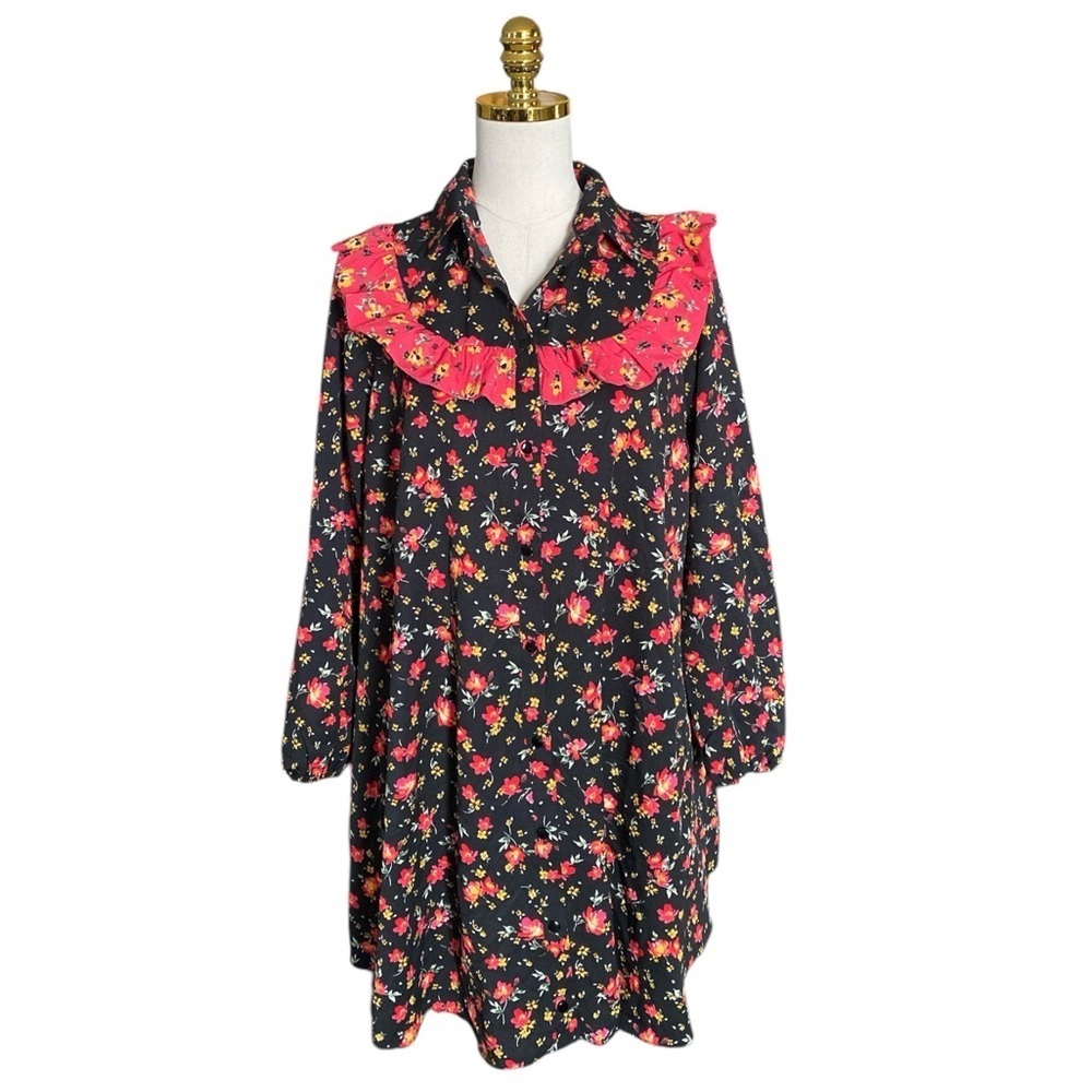 ASOS Floral Button Front Flare Ruffle Peasant Long Sleeve Shift Dress Size 6
